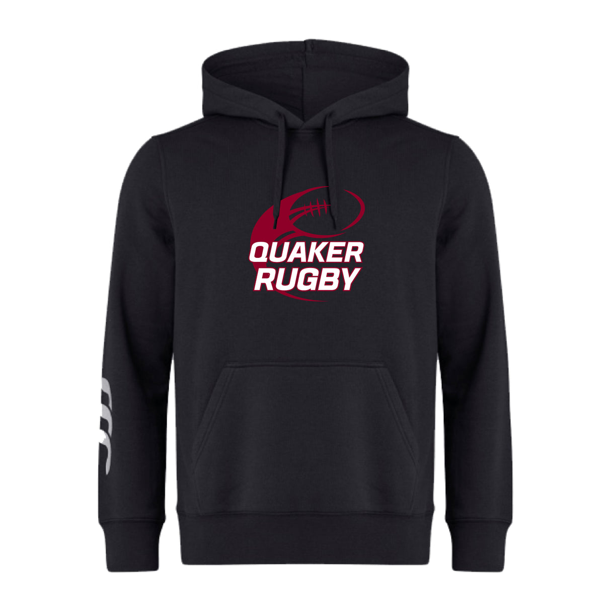 The Guilford College Club Hoodie by WRS Canterbury features a maroon rugby ball with "Quaker Rugby" on the chest and three white stripes on the right sleeve.