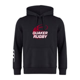 The Guilford College Club Hoodie by WRS Canterbury features a maroon rugby ball with "Quaker Rugby" on the chest and three white stripes on the right sleeve.