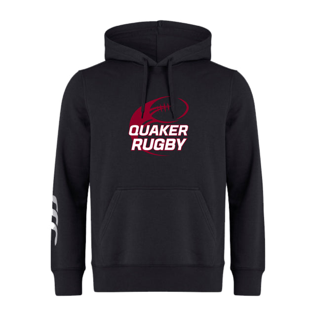 The Guilford College Club Hoodie by WRS Canterbury features a maroon rugby ball with "Quaker Rugby" on the chest and three white stripes on the right sleeve.