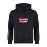 The Guilford College Club Hoodie by WRS Canterbury features a maroon rugby ball with "Quaker Rugby" on the chest and three white stripes on the right sleeve.