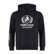 The Fortivus Academy Club Hoodie by Canterbury, from WRS Canterbury, is a black rugby hoodie with a front pocket and hood, featuring a white "Fortivus Academy" lion and laurel wreath logo on the chest.