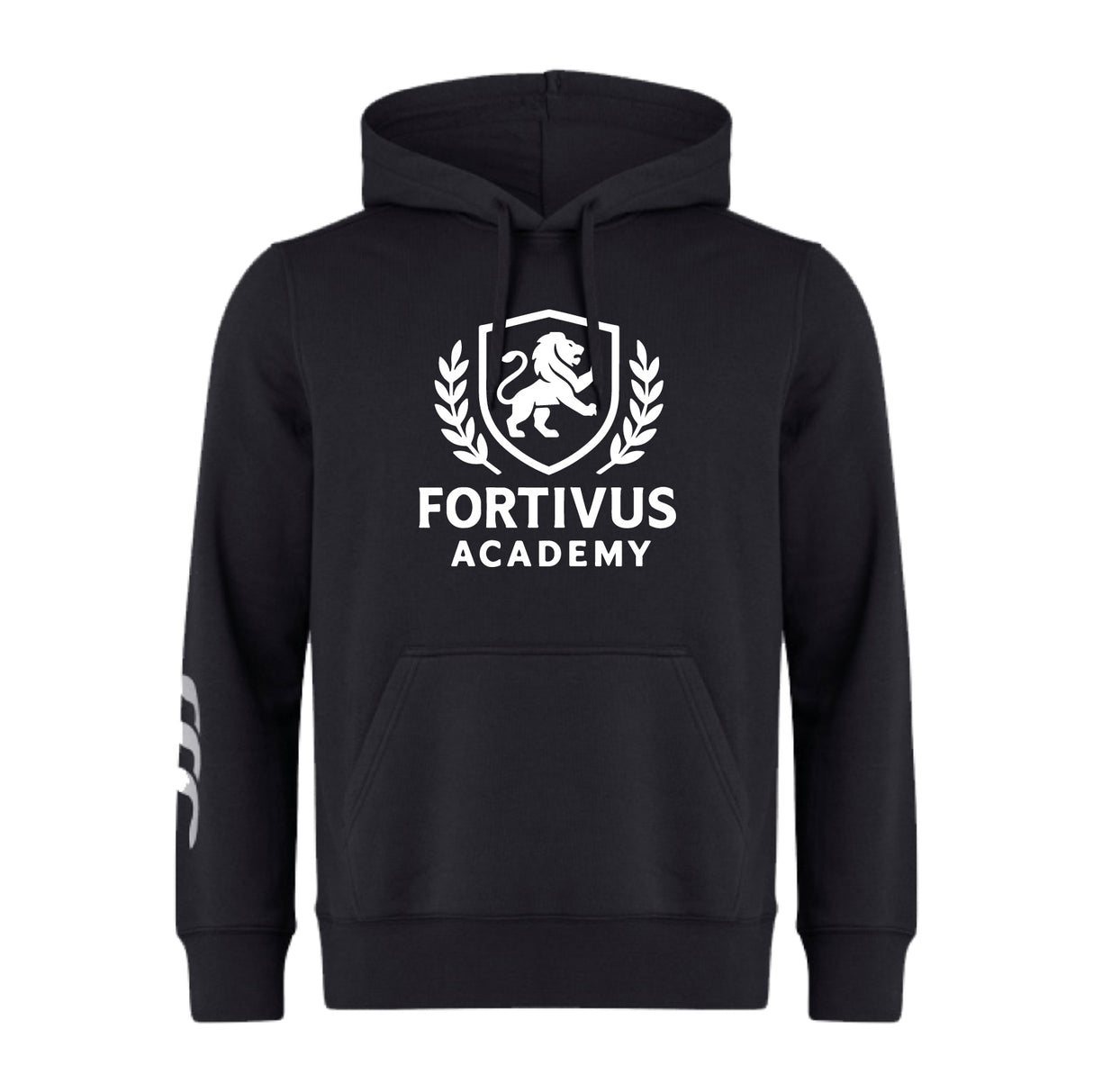 The Fortivus Academy Club Hoodie by Canterbury, from WRS Canterbury, is a black rugby hoodie with a front pocket and hood, featuring a white "Fortivus Academy" lion and laurel wreath logo on the chest.