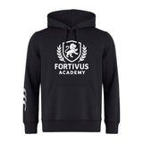 The Fortivus Academy Club Hoodie by Canterbury, from WRS Canterbury, is a black rugby hoodie with a front pocket and hood, featuring a white "Fortivus Academy" lion and laurel wreath logo on the chest.