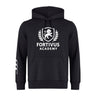 The Fortivus Academy Club Hoodie by Canterbury, from WRS Canterbury, is a black rugby hoodie with a front pocket and hood, featuring a white "Fortivus Academy" lion and laurel wreath logo on the chest.