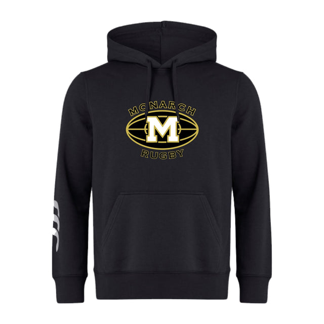 The Monarch Rugby Club Club Hoodie by WRS Canterbury features "Monarch Rugby" text, a bold "M" chest logo, front pocket, and white stripe on the left sleeve—perfect for showing your rugby pride.