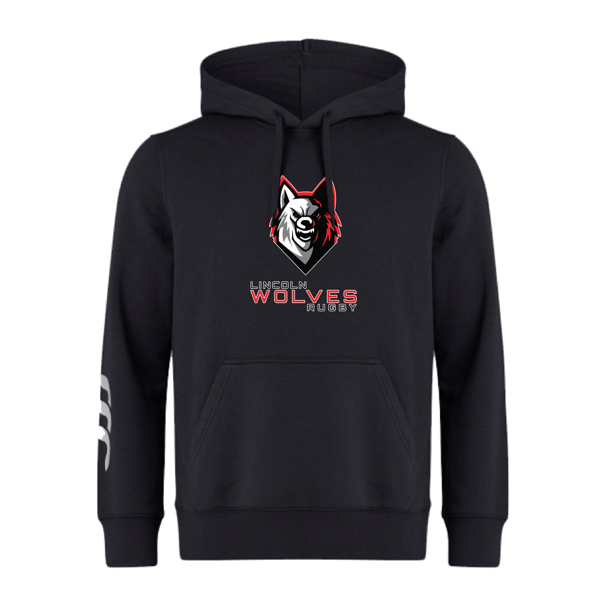 The Lincoln Wolves Club Hoodie by WRS Canterbury features a wolves head logo and "Lincoln Wolves Rugby" text on the chest, plus white claw marks on the left sleeve—perfect for any rugby club hoodie collection.