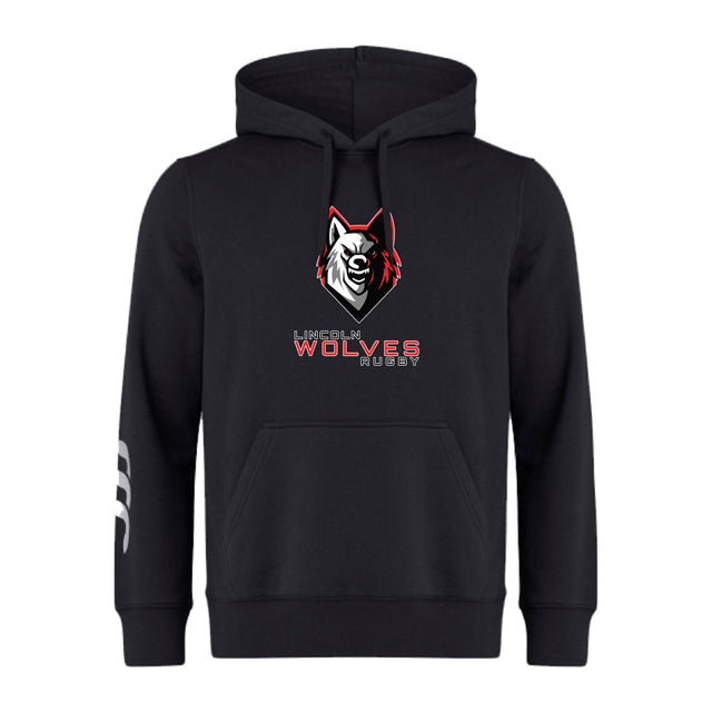 The Lincoln Wolves Club Hoodie by WRS Canterbury features a wolves head logo and "Lincoln Wolves Rugby" text on the chest, plus white claw marks on the left sleeve—perfect for any rugby club hoodie collection.