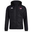 The Guilford College Club Vaposhield Stadium Jacket by EMB Canterbury is a black zip-up hooded jacket with padded insulation, white "Canterbury" logo on the right chest, and red "Quaker Rugby" text on the left chest.