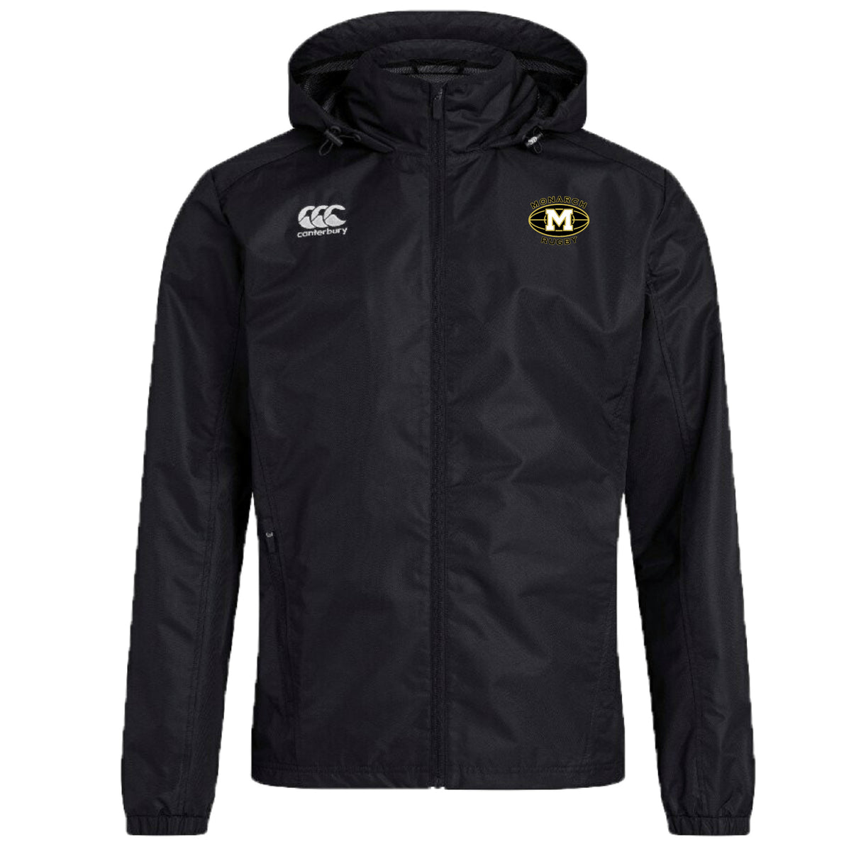The Monarch Rugby Club VapoShield Full Zip Rain Jacket by EMB Canterbury is black with a front zipper, white Canterbury logo on the right chest, gold and black "M" emblem on the left, and features water resistant VapoShield technology.
