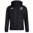 The Fortivus Academy Club Vaposhield Full Zip Rain Jacket by EMB Canterbury features a black hooded design with white logos on the chest, shown against a plain white background.