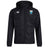 The Las Colinas Rugby Club Vaposhield Full Zip Rain Jacket by EMB Canterbury is a black, water-resistant hooded jacket with VapoShield tech, the Canterbury logo on the right chest, and a blue and yellow shield emblem on the left.