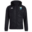 The Las Colinas Rugby Club Vaposhield Full Zip Rain Jacket by EMB Canterbury is a black, water-resistant hooded jacket with VapoShield tech, the Canterbury logo on the right chest, and a blue and yellow shield emblem on the left.