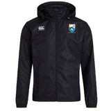 The Las Colinas Rugby Club Vaposhield Full Zip Rain Jacket by EMB Canterbury is a black, water-resistant hooded jacket with VapoShield tech, the Canterbury logo on the right chest, and a blue and yellow shield emblem on the left.