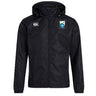 The Las Colinas Rugby Club Vaposhield Full Zip Rain Jacket by EMB Canterbury is a black, water-resistant hooded jacket with VapoShield tech, the Canterbury logo on the right chest, and a blue and yellow shield emblem on the left.