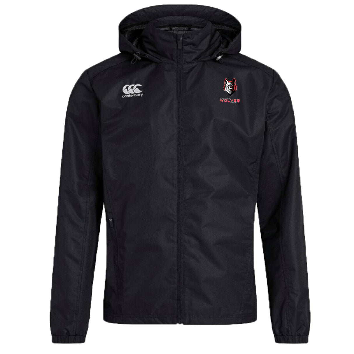 The Lincoln Wolves Club Vaposhield Full Zip Rain Jacket by EMB Canterbury features a black hood, right-chest Canterbury logo, left-chest red and white "WOLVES" wolf emblem, and VapoShield technology for enhanced water resistance.