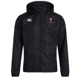 The Lincoln Wolves Club Vaposhield Full Zip Rain Jacket by EMB Canterbury features a black hood, right-chest Canterbury logo, left-chest red and white "WOLVES" wolf emblem, and VapoShield technology for enhanced water resistance.
