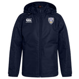 Stay dry on game day with the Franklin County High School Rugby Club Vaposhield Stadium Jacket by EMB Canterbury—navy blue, water repellent, with front zipper, Canterbury logo on right chest, and club crest on left.