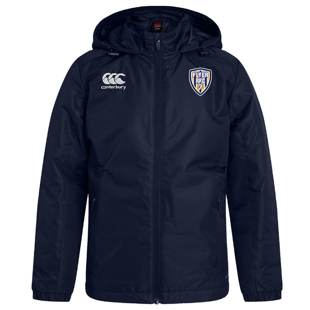 Stay dry on game day with the Franklin County High School Rugby Club Vaposhield Stadium Jacket by EMB Canterbury—navy blue, water repellent, with front zipper, Canterbury logo on right chest, and club crest on left.