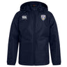 Stay dry on game day with the Franklin County High School Rugby Club Vaposhield Stadium Jacket by EMB Canterbury—navy blue, water repellent, with front zipper, Canterbury logo on right chest, and club crest on left.