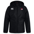 The Guilford College Club Vaposhield Full Zip Rain Jacket by EMB Canterbury is a black hooded rain jacket with a front zipper, Canterbury logo on the left chest, and “Quaker Rugby” with red logo on the right chest. Water-resistant VapoShield fabric.