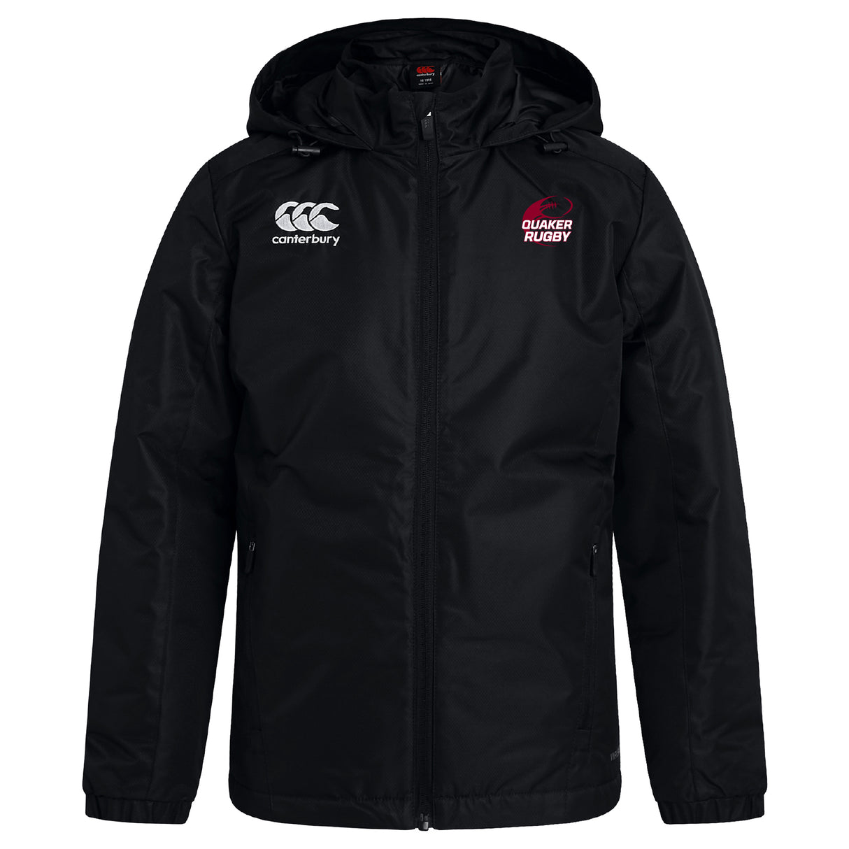 The Guilford College Club Vaposhield Full Zip Rain Jacket by EMB Canterbury is a black hooded rain jacket with a front zipper, Canterbury logo on the left chest, and “Quaker Rugby” with red logo on the right chest. Water-resistant VapoShield fabric.