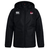 The Guilford College Club Vaposhield Full Zip Rain Jacket by EMB Canterbury is a black hooded rain jacket with a front zipper, Canterbury logo on the left chest, and “Quaker Rugby” with red logo on the right chest. Water-resistant VapoShield fabric.