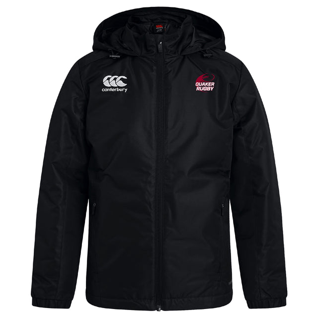 The Guilford College Club Vaposhield Full Zip Rain Jacket by EMB Canterbury is a black hooded rain jacket with a front zipper, Canterbury logo on the left chest, and “Quaker Rugby” with red logo on the right chest. Water-resistant VapoShield fabric.