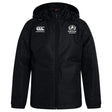 The Fortivus Academy Club Vaposhield Stadium Jacket by EMB Canterbury features a black hood, front zipper, Canterbury logo on the right chest, Fortivus Academy crest on the left chest, and padded insulation for warmth.