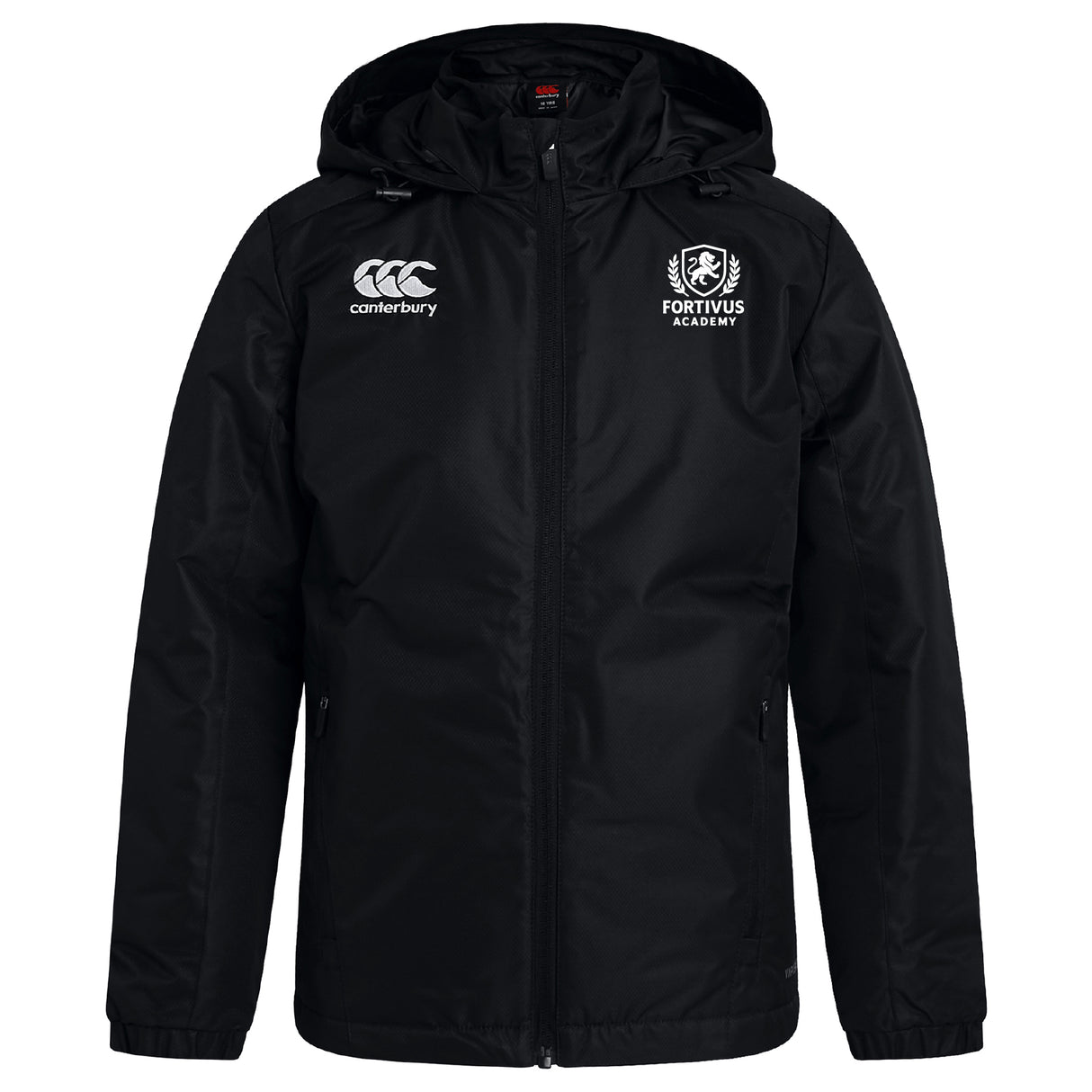 The Fortivus Academy Club Vaposhield Stadium Jacket by EMB Canterbury features a black hood, front zipper, Canterbury logo on the right chest, Fortivus Academy crest on the left chest, and padded insulation for warmth.