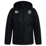 The Fortivus Academy Club Vaposhield Stadium Jacket by EMB Canterbury features a black hood, front zipper, Canterbury logo on the right chest, Fortivus Academy crest on the left chest, and padded insulation for warmth.