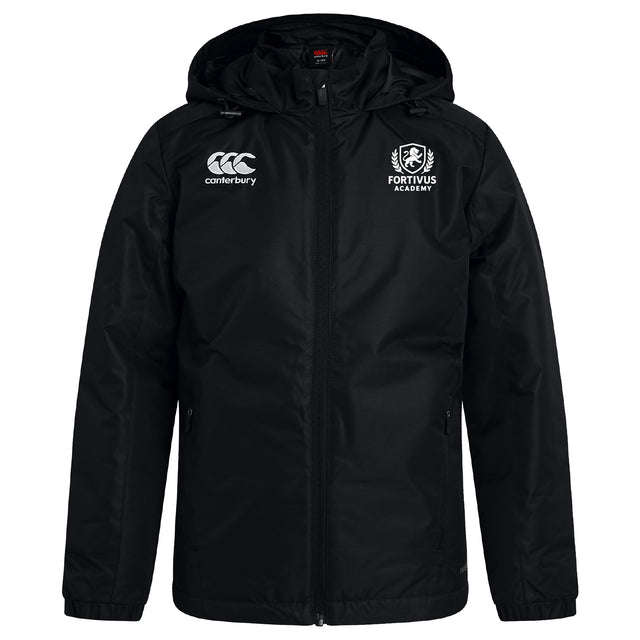 The Fortivus Academy Club Vaposhield Stadium Jacket by EMB Canterbury features a black hood, front zipper, Canterbury logo on the right chest, Fortivus Academy crest on the left chest, and padded insulation for warmth.