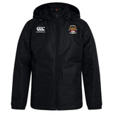 The Atlanta Old White Rugby Champs Club Vaposhield Stadium Jacket by EMB Canterbury is a black zip-front jacket with padded insulation, the Canterbury logo on the right chest, and an embroidered "National Champions" crest on the left chest.