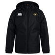 The Monarch Rugby Club Vaposhield Stadium Jacket by EMB Canterbury features a black hood, front zipper, padded insulation, "Canterbury" logo on the right chest, and an "M" crest patch on the left.