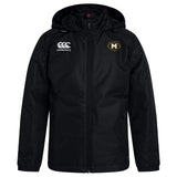 The Monarch Rugby Club Vaposhield Stadium Jacket by EMB Canterbury features a black hood, front zipper, padded insulation, "Canterbury" logo on the right chest, and an "M" crest patch on the left.