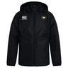 The Monarch Rugby Club Vaposhield Stadium Jacket by EMB Canterbury features a black hood, front zipper, padded insulation, "Canterbury" logo on the right chest, and an "M" crest patch on the left.