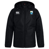 The Las Colinas Rugby Club Vaposhield Stadium Jacket by EMB Canterbury features a black hood, zip front, padded insulation, Canterbury logo on the right chest, and a shield crest with star on the left.