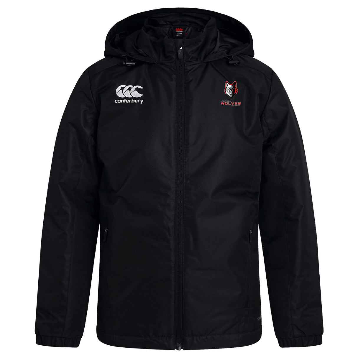 The Lincoln Wolves Club Vaposhield Stadium Jacket by EMB Canterbury is a black, zip-front rugby jacket with padded insulation, featuring the Canterbury logo and a "WOLVES" wolf head emblem on the chest.