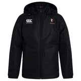 The Lincoln Wolves Club Vaposhield Stadium Jacket by EMB Canterbury is a black, zip-front rugby jacket with padded insulation, featuring the Canterbury logo and a "WOLVES" wolf head emblem on the chest.