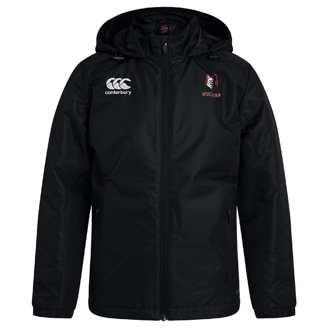 The Lincoln Wolves Club Vaposhield Stadium Jacket by EMB Canterbury is a black, zip-front rugby jacket with padded insulation, featuring the Canterbury logo and a "WOLVES" wolf head emblem on the chest.