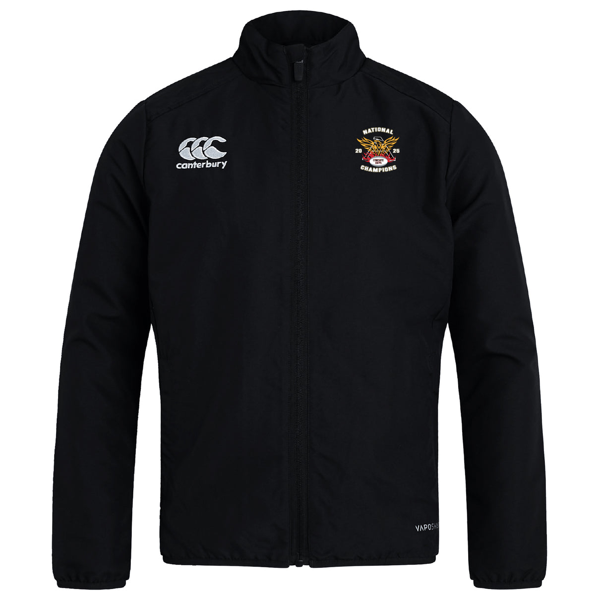 The Atlanta Old White Rugby Champs Club Track Jacket by EMB Canterbury is a black zip-up with a "Canterbury" logo on the right chest and a multicolored embroidered "National Champions" crest on the left chest; lightweight for style and comfort.