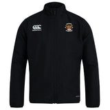 The Atlanta Old White Rugby Champs Club Track Jacket by EMB Canterbury is a black zip-up with a "Canterbury" logo on the right chest and a multicolored embroidered "National Champions" crest on the left chest; lightweight for style and comfort.