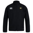 The Monarch Rugby Club Club Track Jacket by EMB Canterbury features a front zipper, the Canterbury logo on the right chest, and a yellow and black "M" badge on the left. This lightweight jacket is perfect for training or outdoor activities.