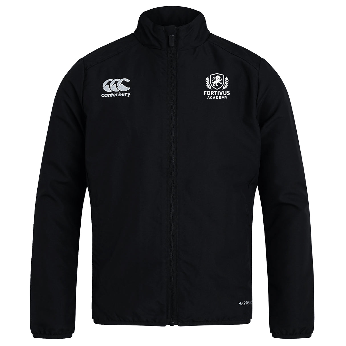 The Fortivus Academy Club Track Jacket by EMB Canterbury is black, lightweight, water repellent, and features the Canterbury logo on the left chest and the Fortivus Academy logo on the right.