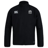 The Fortivus Academy Club Track Jacket by EMB Canterbury is black, lightweight, water repellent, and features the Canterbury logo on the left chest and the Fortivus Academy logo on the right.