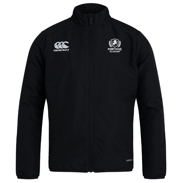 The Fortivus Academy Club Track Jacket by EMB Canterbury is black, lightweight, water repellent, and features the Canterbury logo on the left chest and the Fortivus Academy logo on the right.