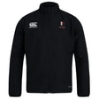The Lincoln Wolves Club Track Jacket by EMB Canterbury features a black design with a front zipper, white Canterbury logo, red-and-white embroidered wolf emblem with "WOLVES" on the left chest, and is lightweight and water repellent for comfort.