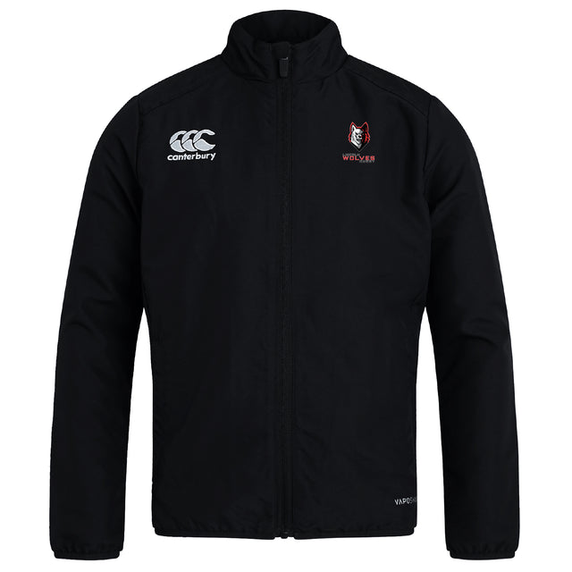 The Lincoln Wolves Club Track Jacket by EMB Canterbury features a black design with a front zipper, white Canterbury logo, red-and-white embroidered wolf emblem with "WOLVES" on the left chest, and is lightweight and water repellent for comfort.
