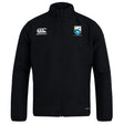 The Las Colinas Rugby Club Track Jacket by EMB Canterbury is a lightweight black jacket with a zipper, featuring a white Canterbury logo on the right chest and a blue and yellow crest on the left.