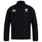 The Las Colinas Rugby Club Track Jacket by EMB Canterbury is a lightweight black jacket with a zipper, featuring a white Canterbury logo on the right chest and a blue and yellow crest on the left.