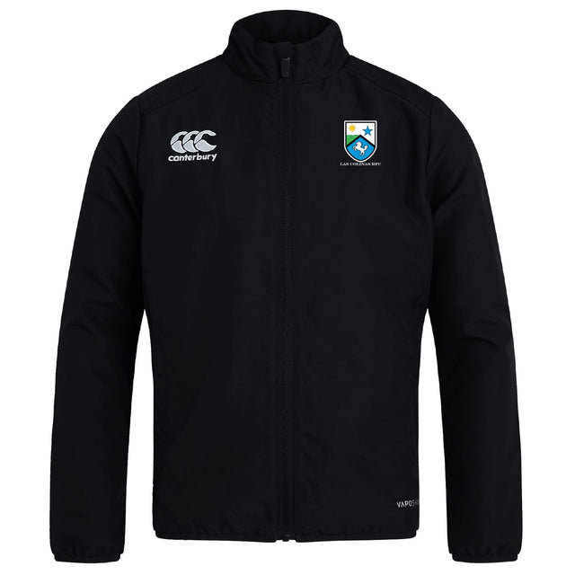 The Las Colinas Rugby Club Track Jacket by EMB Canterbury is a lightweight black jacket with a zipper, featuring a white Canterbury logo on the right chest and a blue and yellow crest on the left.